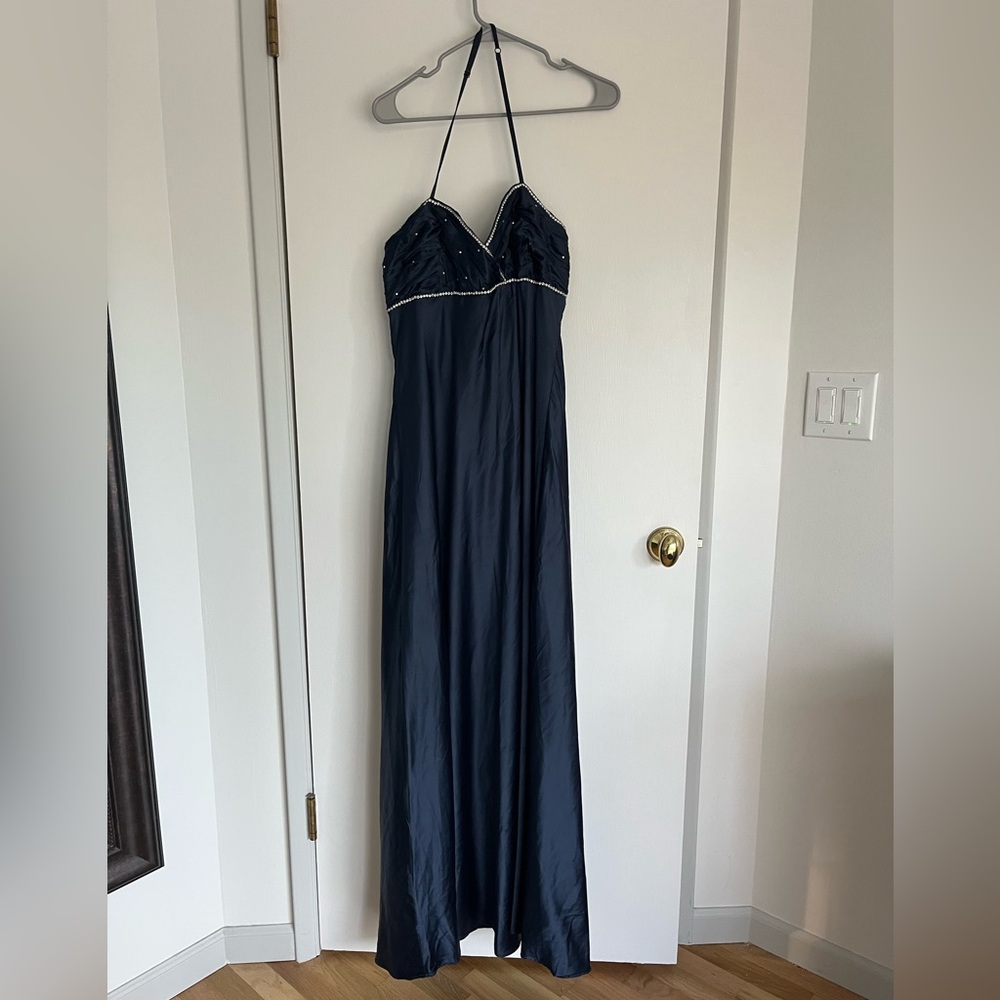 Navy Halter Satin Floor-Length Dress with Rhinestones Prom Dress